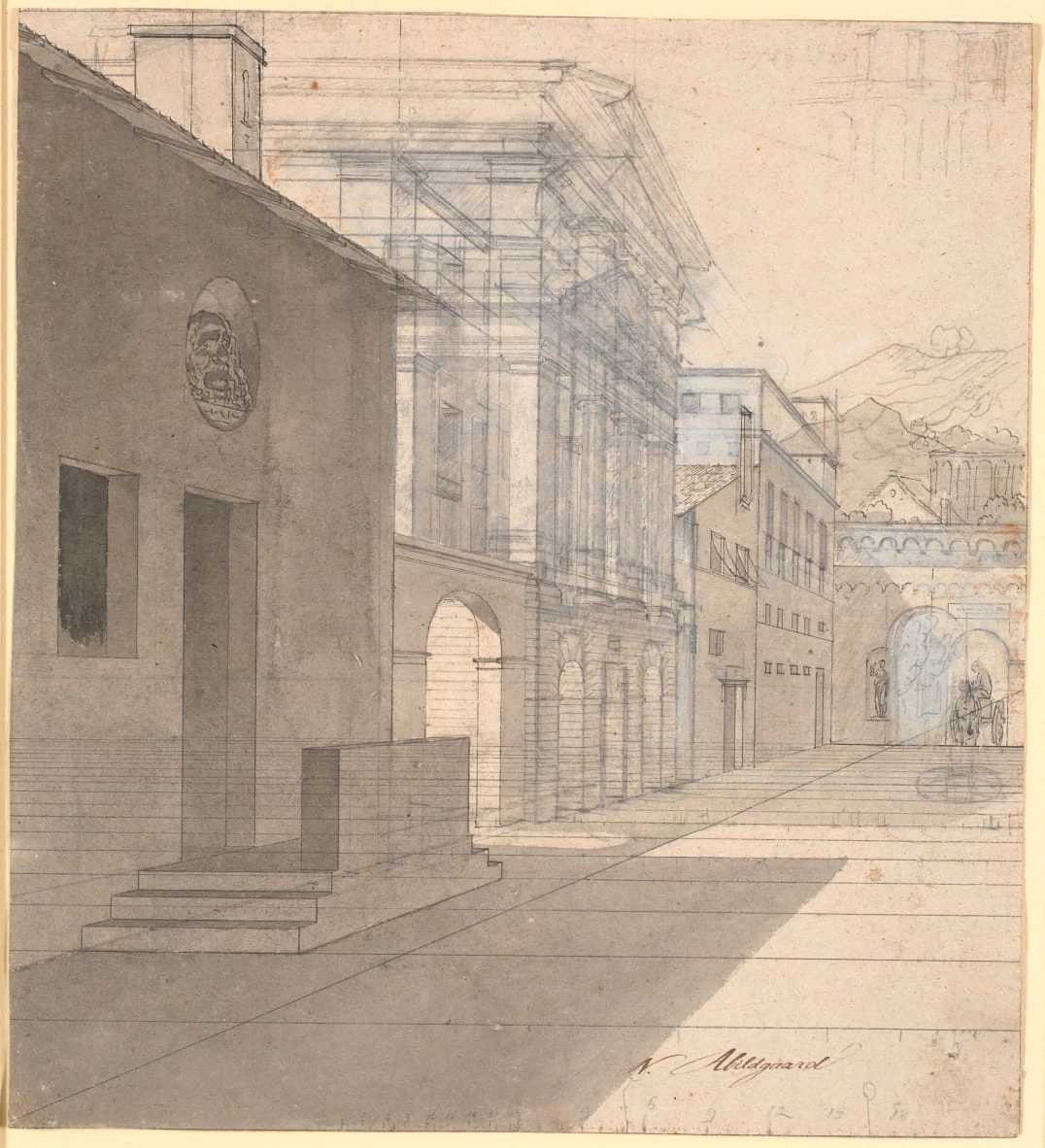 Studio prospettico dell'architettura nell'immagine della levatrice che lascia la casa di Androspigen - Statens Museum for Kunst